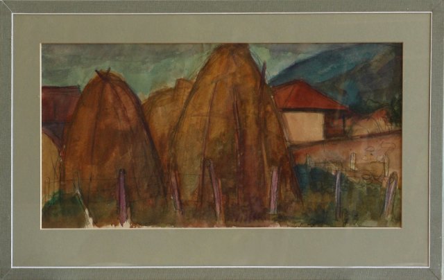 Jan Chmelař: Sušení sena, 1948, pastel, akvarel